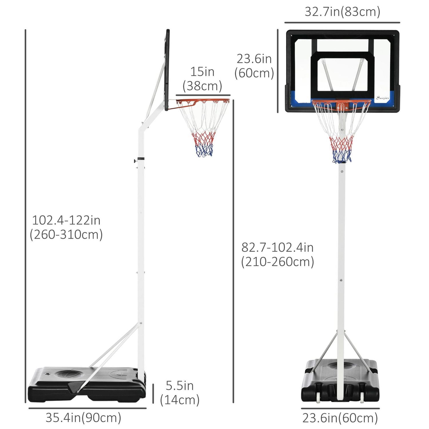 2.1-2.6m Basketball Hoop and Stand with Weighted Base, Portable on Wheels