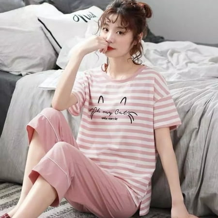

QWZNDZGR Summer Knitted Cotton Cartoon Pajamas Sets Women Pyjamas Sleepwear Nightwear Pijama Mujer Plus Size Calf-Length Pants Homewear
