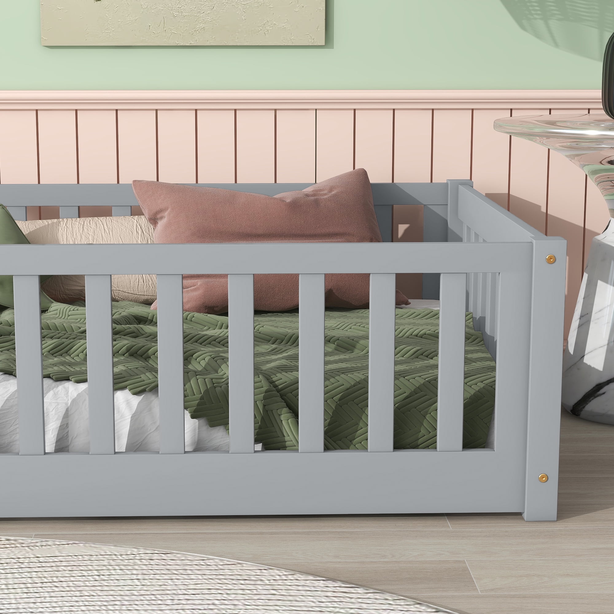 Sailvan Twin Floor Bed with Safety Guardrails,Solid Rubber Wood Fence Kids Bed Frame Grey