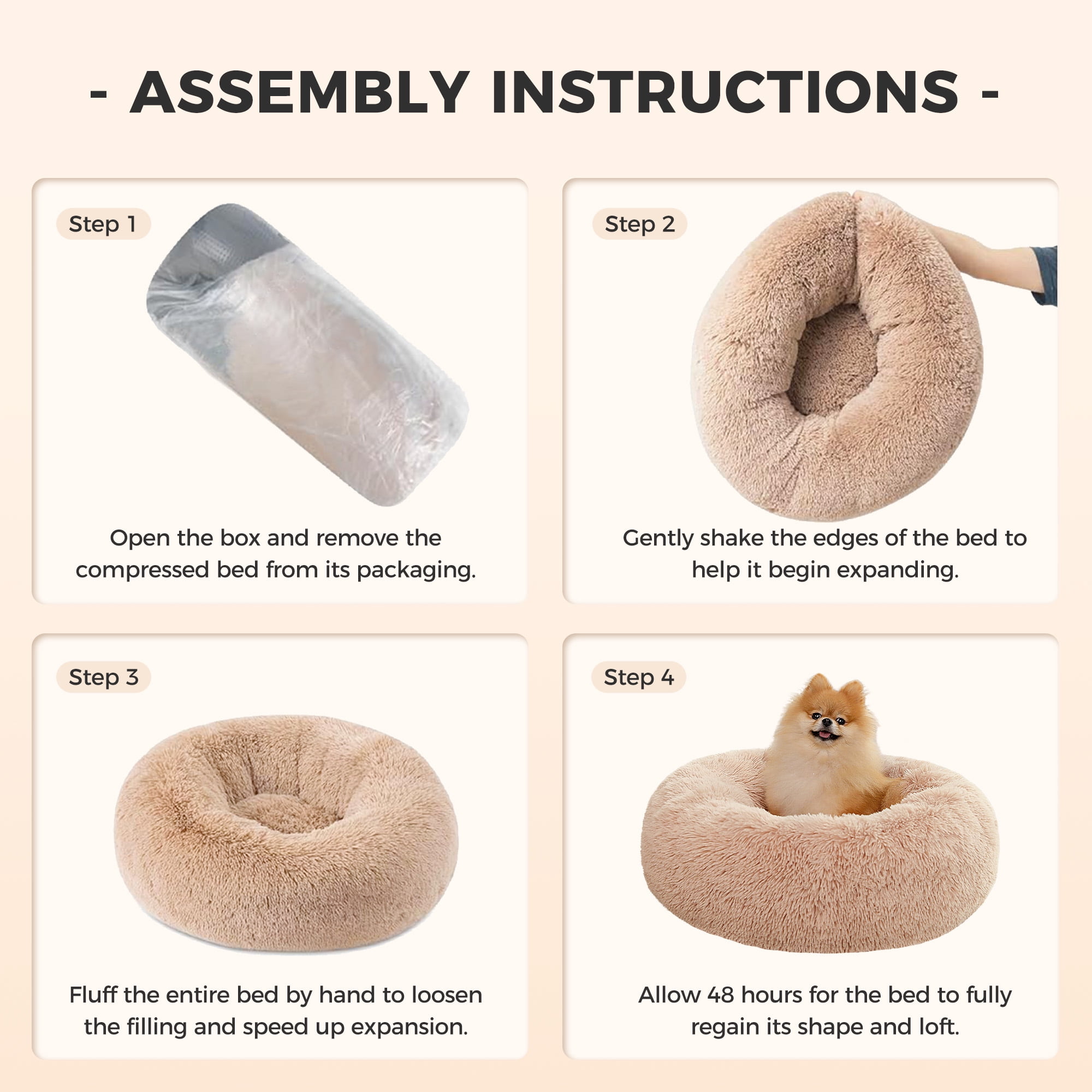 PAWZ Road Calming Donut Dog Bed Anti-Anxiety Plush Pillow Round Puppy Cat Bed 35" for Pets Up to 100lbs,Beige