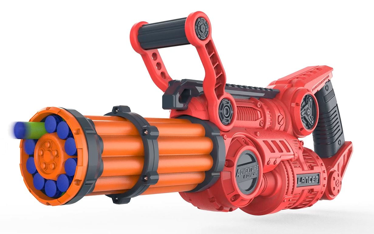 Adventure Force Lancer Pump-Action Manual Gatling Blaster, Rotating Barrel, Slamfire Power, 10 Waffle Tip Darts Compatible with Most Standard Full-Length NERF Elite and XShot Dart