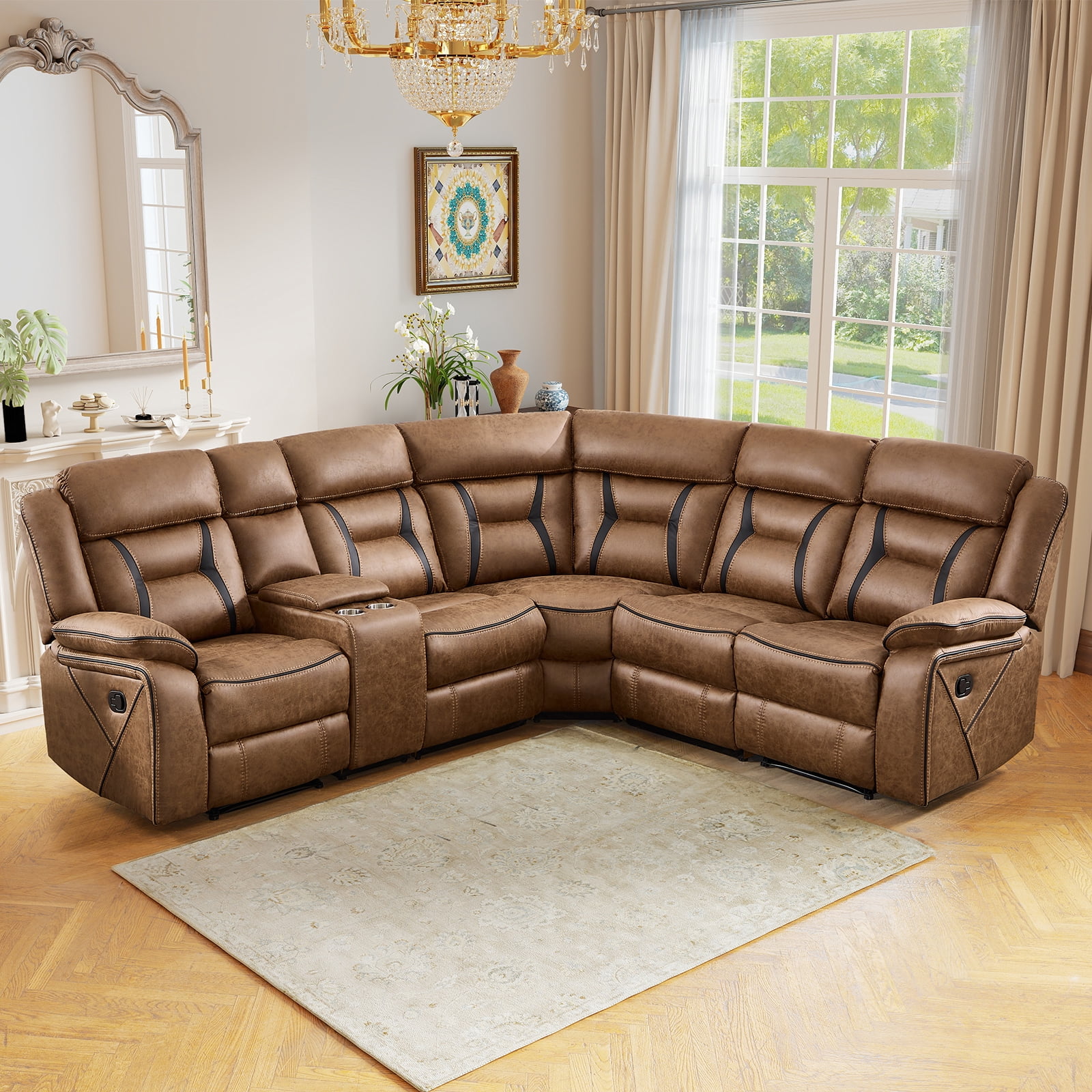 Bonzy Home 5‑Seat Reclining Chair Sofa with Center Console, Hidden Storage & Cup Holders Couch for Living Room & Meeting Room