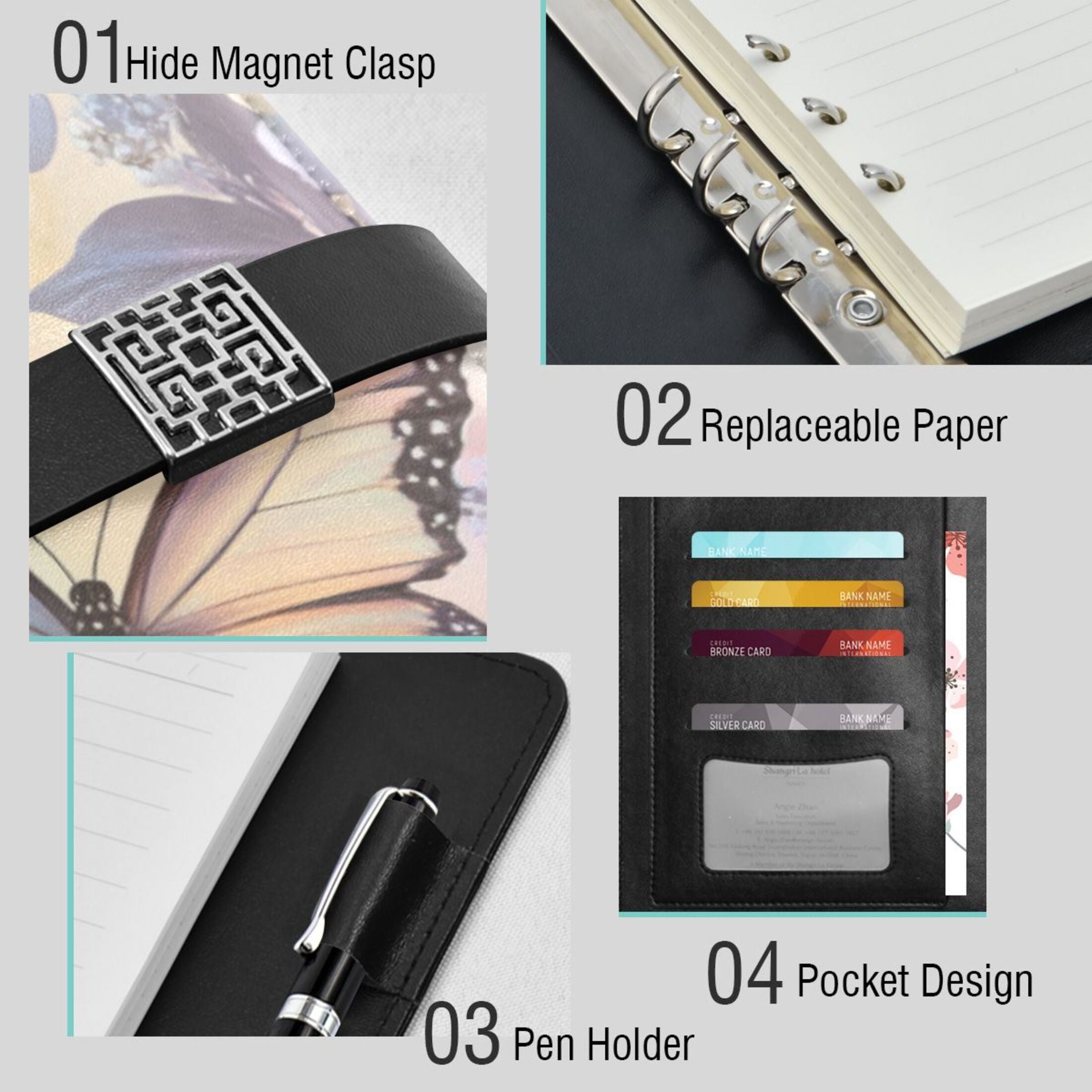 Leather Planner Leather Notebook Notebook Journal Binder Design Pen Pocket Design Convenient for Storage Purple Rainbow Butterfly