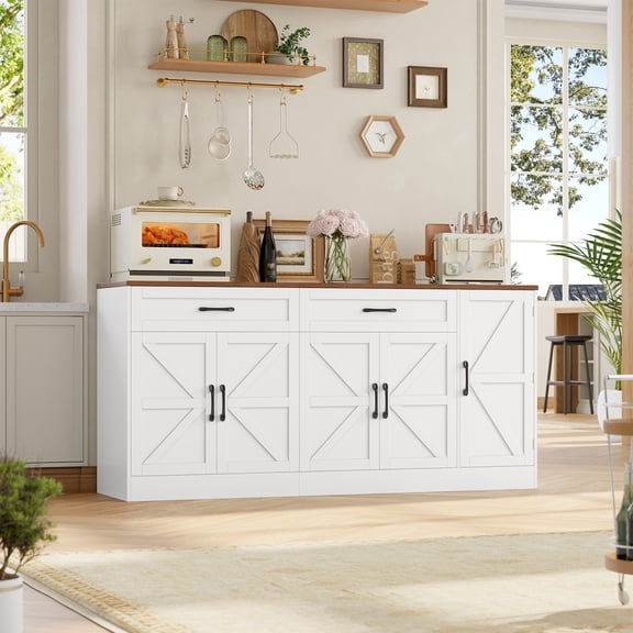 Homfa Farmhouse Buffet Cabinet with 2 Drawers, 70.9" W Kitchen Sideboard with 5 Doors & Adjustable Shelves for Kitchen Dining Room, White