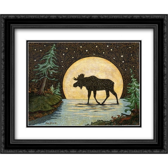 Moonlight Moose 2x Matted 18x15 Black Ornate Framed Art Print by Jay Zinn
