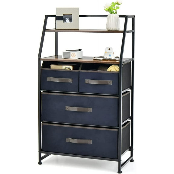 GOFLAME 4 Drawer Dresser with Shelf, Free Standing Fabric Dresser with 2 Open Shelves, Industrial Chest of Drawers, Large Storage Organizer for Closet, Living Room, Entryway, Bedroom
