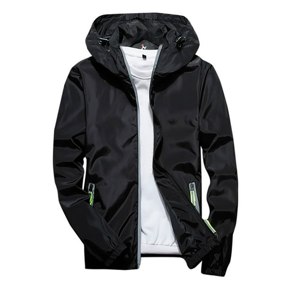 Teyfeniy Men's Reflective Zipper Athletic Rain Jacket Waterproof Color Matching Jacket, Mid Weight Hooded Casual Raincoat Long Sleeve Windbreaker with Pocket