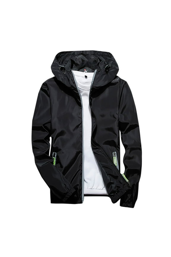 Mens Reflective Windbreaker Jacket Lightweight Zipper Hooded Jacket Fall Outdoor Running Jacket Suitable for Teen Black