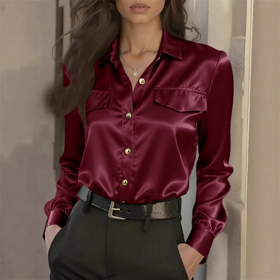 Dresfit Women's Polo Shirts Long Sleeve Dress Shirt Chest Pockets 2026 Satin Collared Business Tunic Spring Loose Lightweight Office Silk Blouses Wine L
