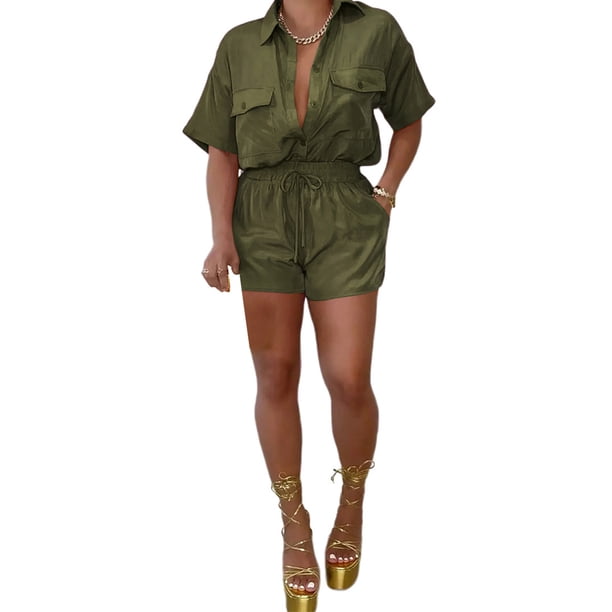 VISgogo Traje de ocio de verano para mujer, Color sólido Solapa suelta Manga corta Camisa con bolsillo de un solo pecho Tops + Conjunto de pantalones cortos con cordón VISgogo moda