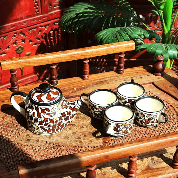 India Meets India Brown Ceramic Tea Pot Kettle 20 Oz & 4 Tea Cups Handpainted Indian Handicraft Perfect Gift Pack