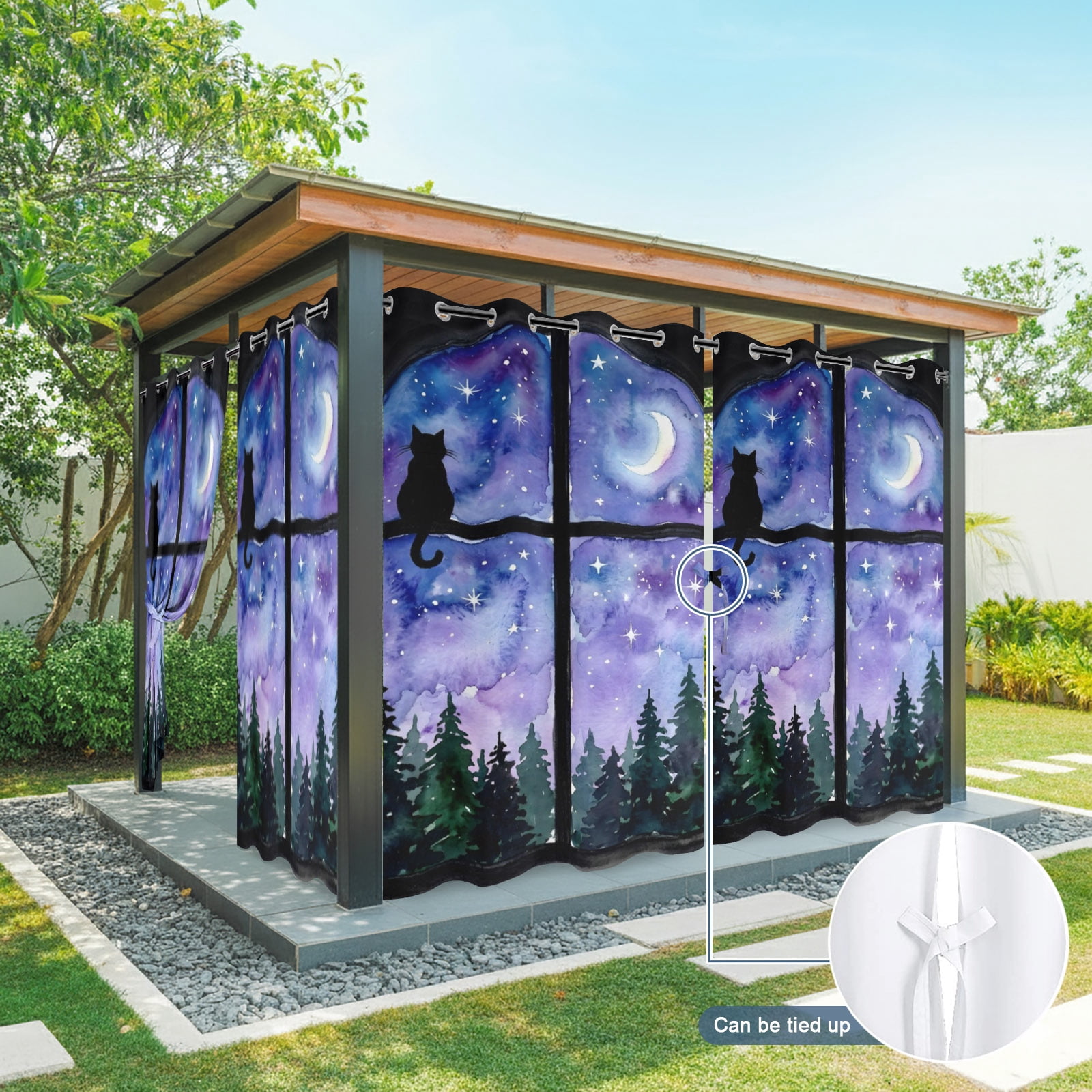 Night Window View Outdoor Curtains for Patio, Cat Moon Forest Starry Sky Sunshade Privacy Drapes Grommet Waterproof Outside Curtains for Porch/Cabana/Balcony 54"x 84", 1 Panel