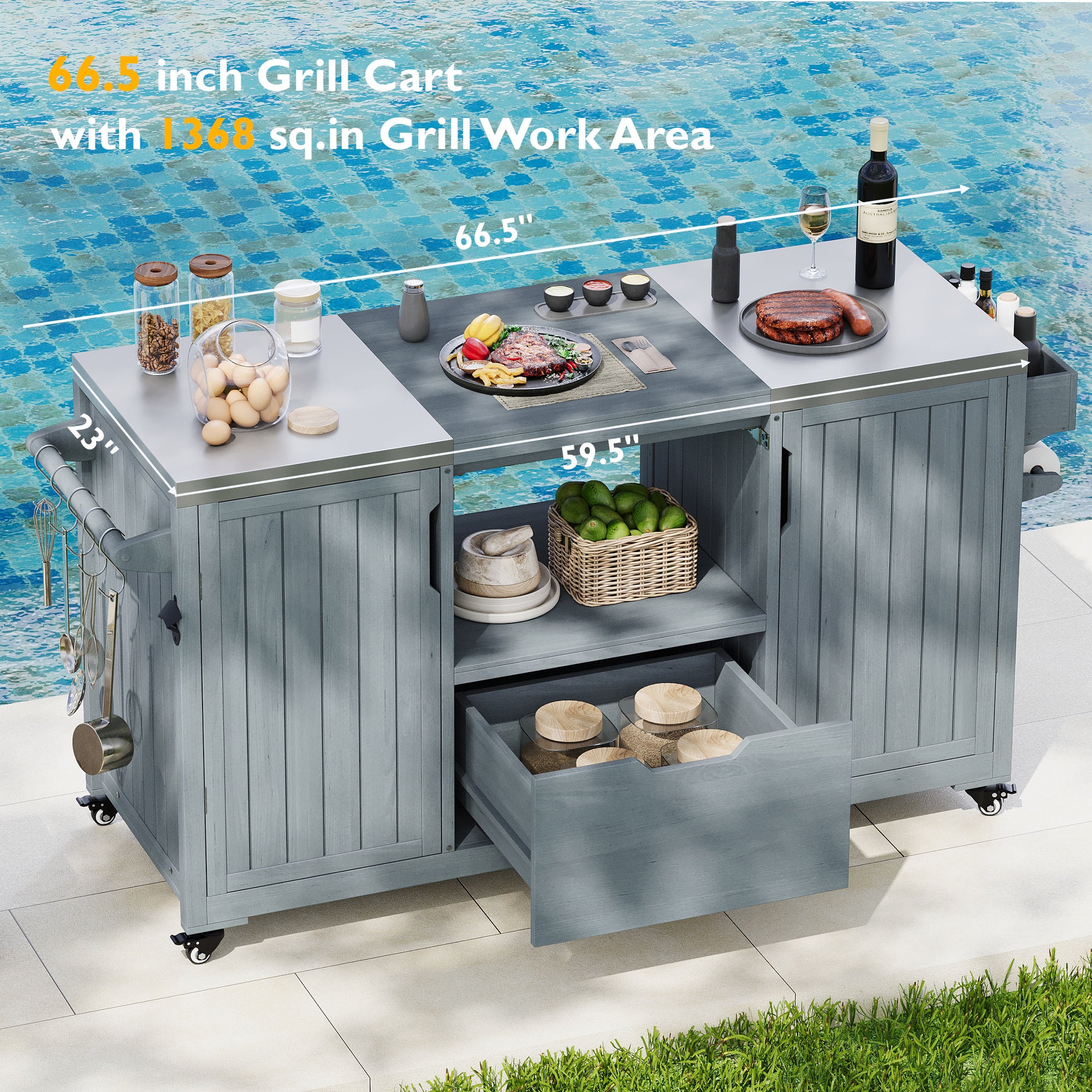 Bellemave 66.5" Outdoor Serving Cart Kitchen Island Rolling Bar Cart with Wheels, Drawer and Rack Solid Wood Outdoor Grill Cart for Tabletop Grill with Stainless Steel Top, Gray Blue + Style 2