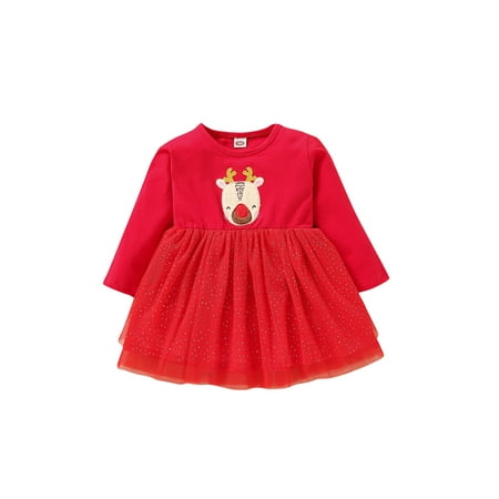 

Bagilaanoe Toddler Baby Girl Christmas Dress Elk Pattern Ruffle Long Sleeve A-line Princess Dresses 9M 12M 18M 24M 3T 4T Kid Fall Patchwork Tulle Skirt