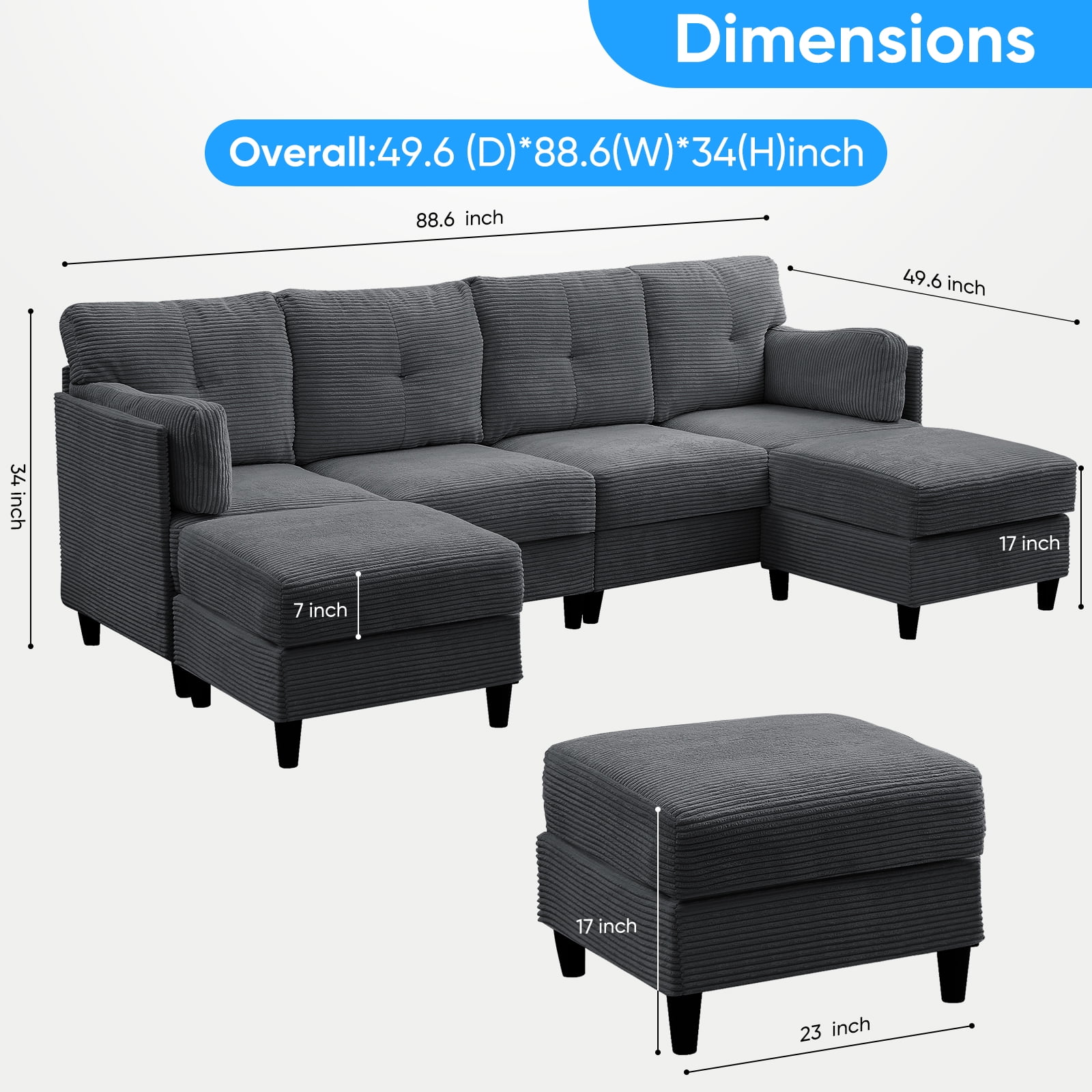 ZAFLY U Shaped Sectional Sofa with Movable Ottoman, Corduroy Sectionals for Living Room - Dark Gray
