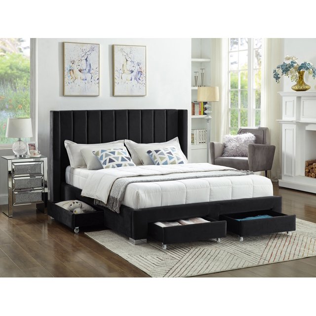 Black Velvet Fabric Storage Bed w Wing Headboard - Queen