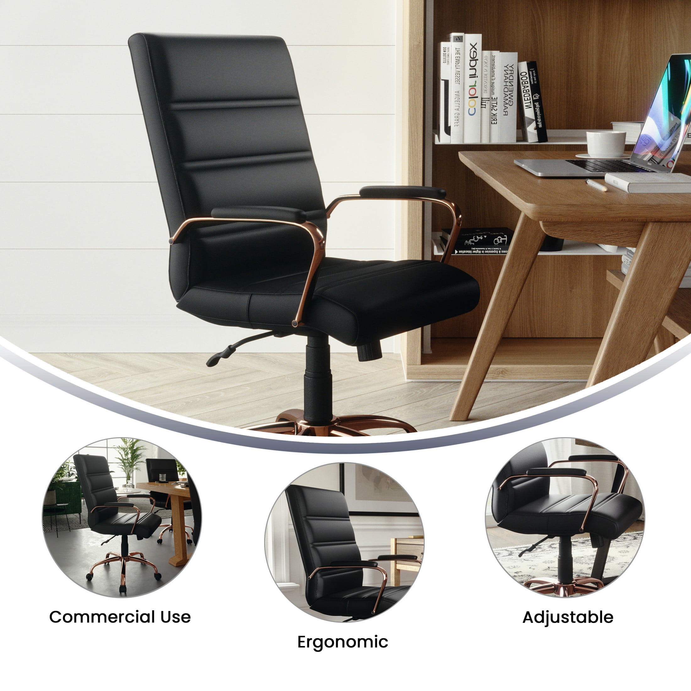 Flash Furniture Whitney Mid-Back Swivel LeatherSoft Desk Chair with Armrests, Black/Rose Gold