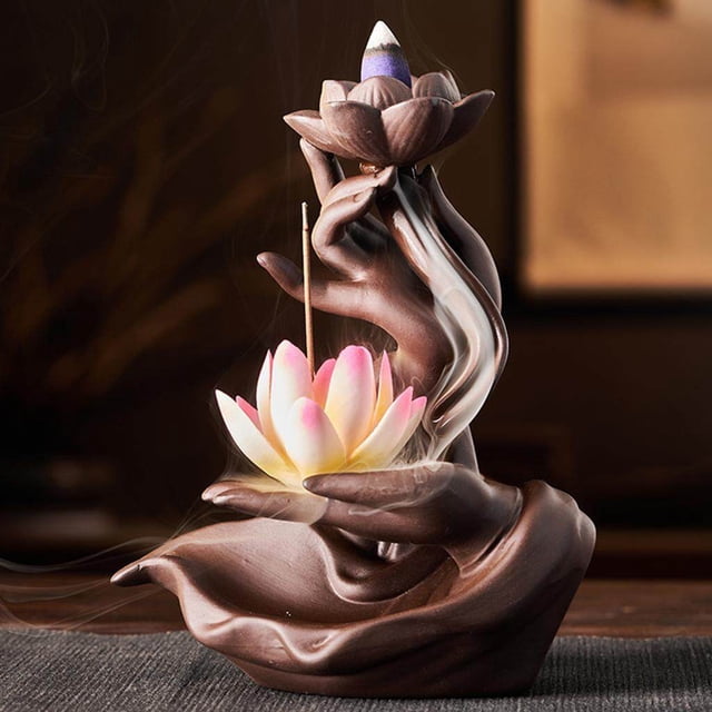 Ceramic Backflow Waterfall Incense Burner LED Light Multicolor Holder Antique Lotus