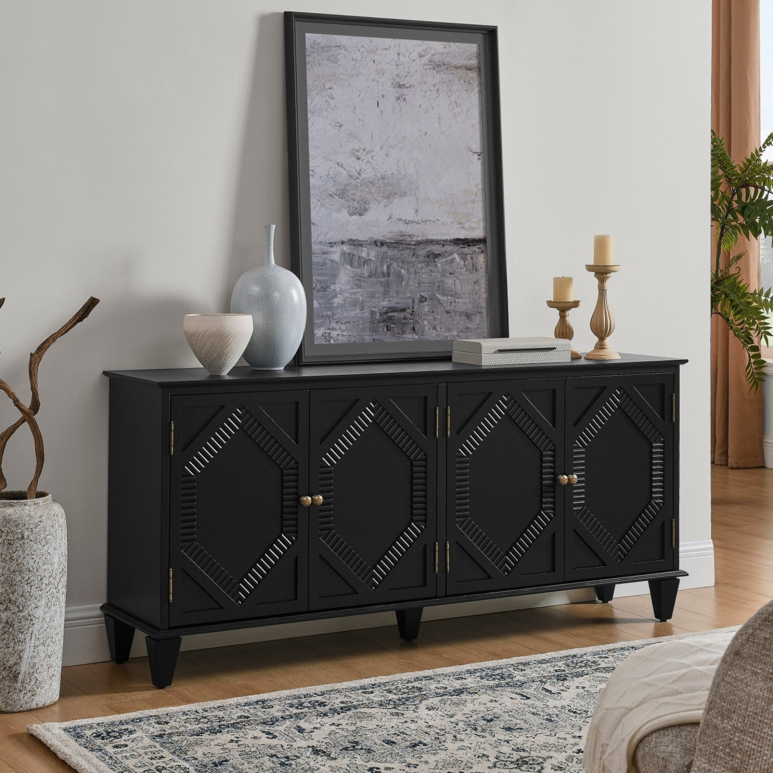 Mid Century Modern 65.2" Sideboard Buffet Cabinet with Storage, Geometric Accent Console Table, Wine Bar Cabinet for Living Room, Entryway, Kitchen, Black