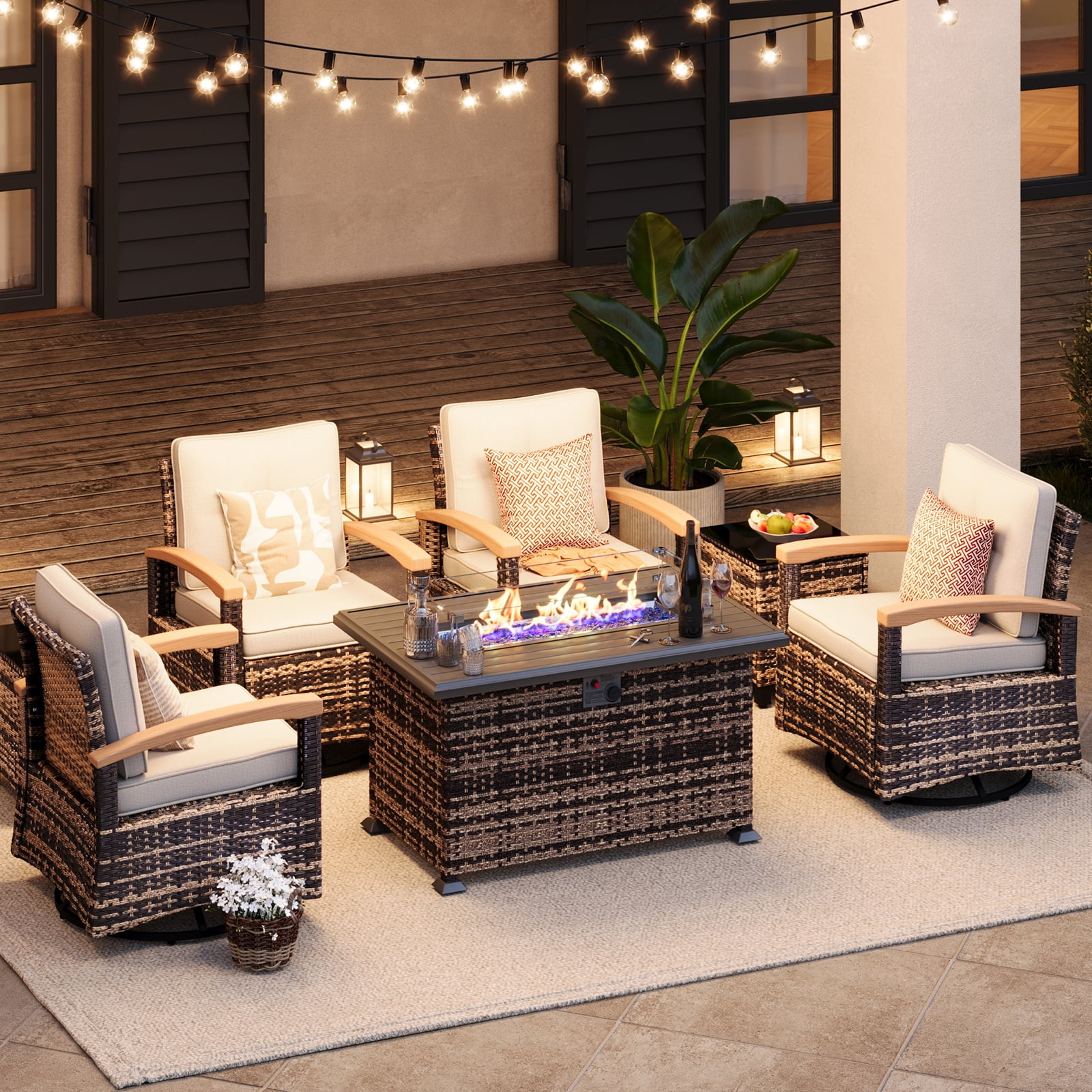 MEISSALIVVE 7 Pieces Patio Furniture Sets with Fire Pit Table, Wicker Outdoor Conversation Sets with 4 Swivel Rocker Chairs and Side Table(Brown)