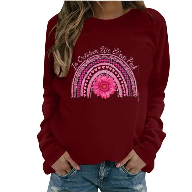 HKEJIAOI Breast Cancer Shirts for Women Pink Ribbon Sweatshirt Long Sleeve Cancer Fight Awareness Tee Tops, A-Red L