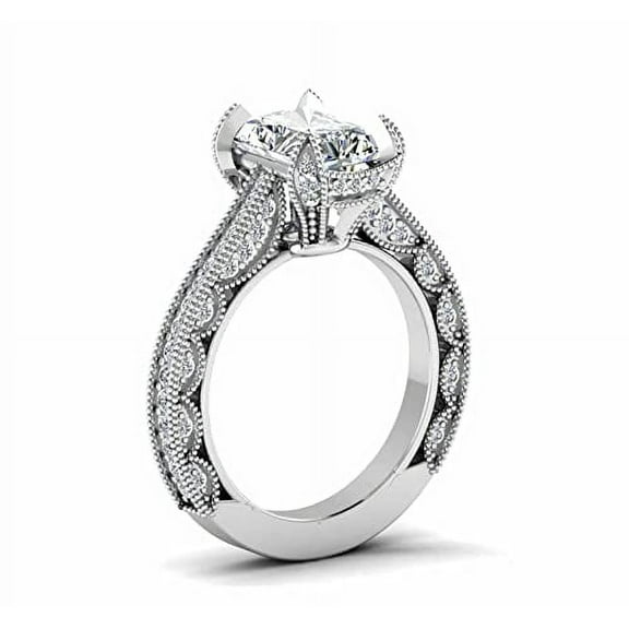 HeartsAndYou Milgrain Vintage Inspired Inspired Ring 2.3ct Emerald Cut Moissanite 18k White Gold over Silver