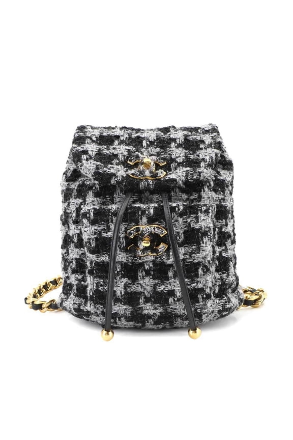 Pre-Owned CHANEL Coco Mark Chain Backpack in Tweed, Leather, and Black/Gray