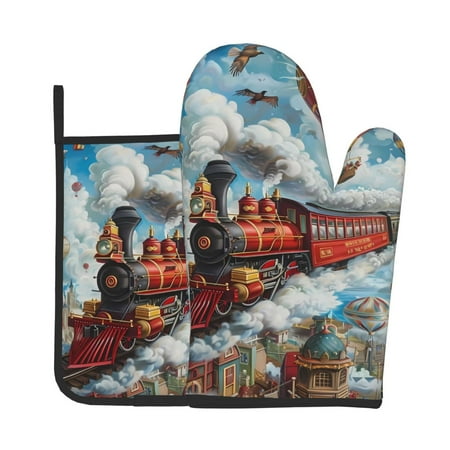 

Lukts Red Train Hot Air Balloon Print Kitchen Heat-Resistant Gloves and Spacers 2pcs Set Suitable for Baking and Cooking