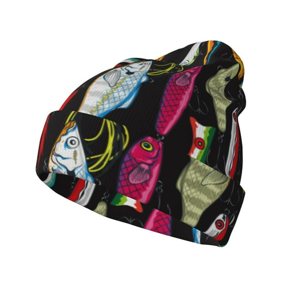 Picia Colorful Fishing Lures Pattern Knitted Beanie Hat for Men and Women , Unisex Winter Warm Stretchy Knit Cap Thick Fisherman Beanies Cuffed Plain Skull Caps