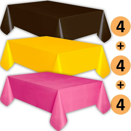 Brown Table Covers 12 Plastic Tablecloths - Brown, Sunshine Yellow, Hot Pink - Premium Thickness Disposable Table Cover, 108 x 54 Inch, 4 Each Color ()