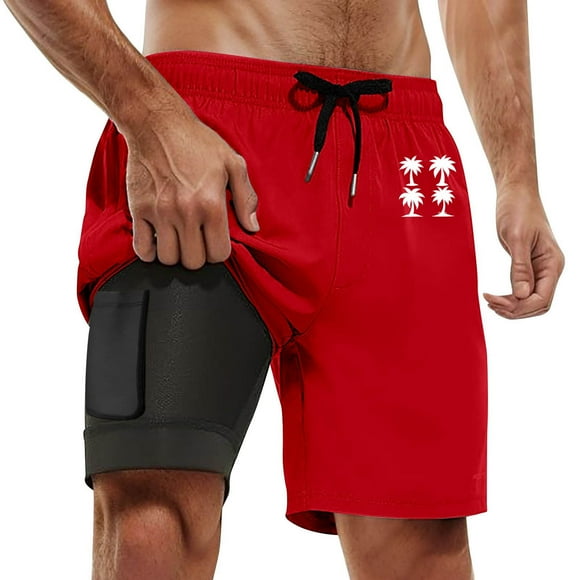 Ediodpoh Mens Swim Trunks Summer Fashion Gradient Color Double Layer Board Pants with Pockets Swim Shorts for Men Red M