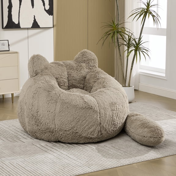 LUFTUT 41.7" Cat Bean Bag Chair with Tail Pillow, Cute Faux Fur Lounge Chair with Shredded Foam Filling, Oversized Floor Sofa for Bedroom Living Room Reading Gaming Room Dorm,Taupe