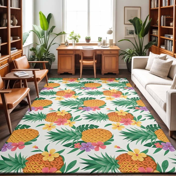 Area Rugs 5'x7', Summer Pineapple Carpet Runner Indoor Outdoor Rugs Home Decor Aesthetic, Tropical Fruit Flowers Palm Leaves Non Slip Mats Washable Accent Rug for Living Room Bedroom