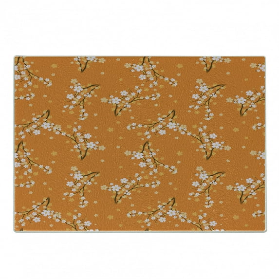 Floral Cutting Board, Blooming Cherry Tree Flowers on Branches Spring Season Nature Theme Pattern, Decorative Tempered Glass Cutting and Serving Board, Small Size, Orange White Brown, by Ambesonne