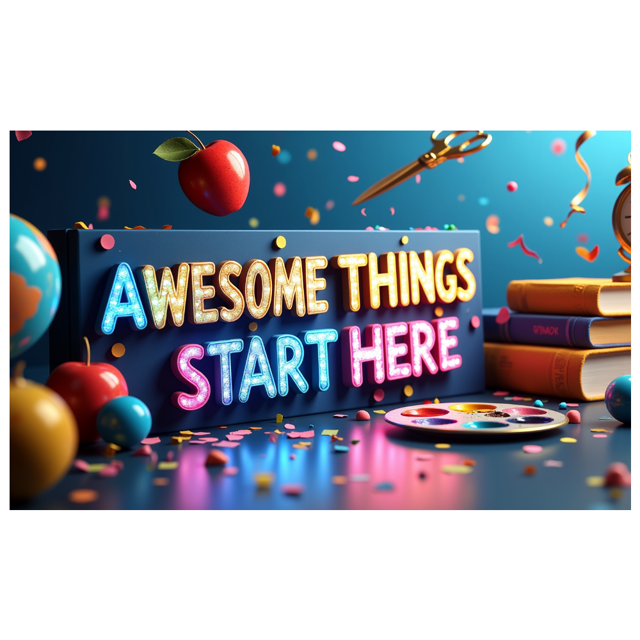 Colorful School Themed Banner with Apple Books Globe School Bus Awesome Things Start Here Text Party Decorations Backdrop for Classroom Celebrations School Events Photo Props Kids Parties