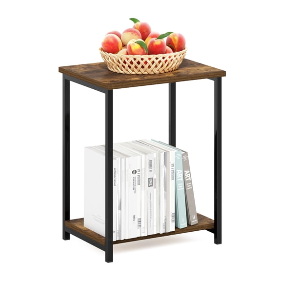 Furinno Simplistic Side Table, 2-Tier Rustic Brown End Table with Metal Frame, Open Shelf Night Stand, Bedside Table, Easy Assembly, for Living Room, Bedroom, Amber Oak