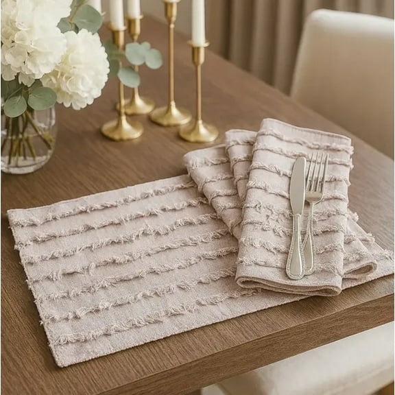 Fennco Styles Modern Fringe Stripe Cotton Table Placemats 13"W x 19"L, Set of 4 - Decorative Table Mats for Home Décor, Dining Table, Banquet, Everyday Use and Special Occasion