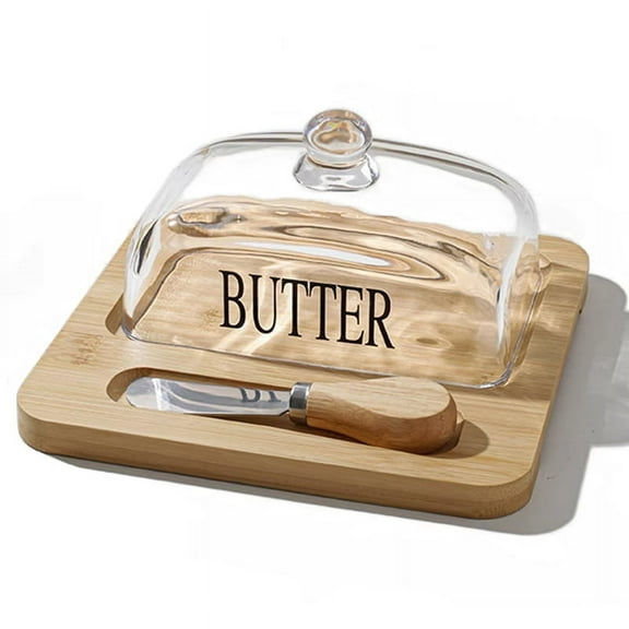 Elegant Nordic Style Butter Dish with Lid, Wooden Tray & Glass Cover - Stylish Kitchen Accessory with Butter Cutter A