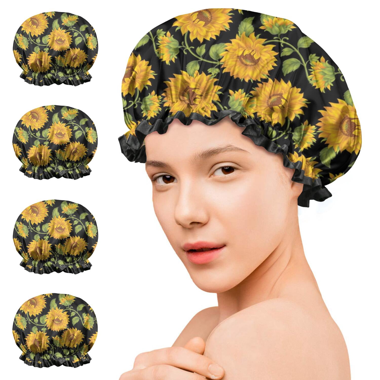 Shower Caps,Black Green Stem Sunflower Pattern Waterproof Shower Cap for Women 4 Pieces,Double Reusable Hair Cover for Shower PEVA Elastic Stretch Hem