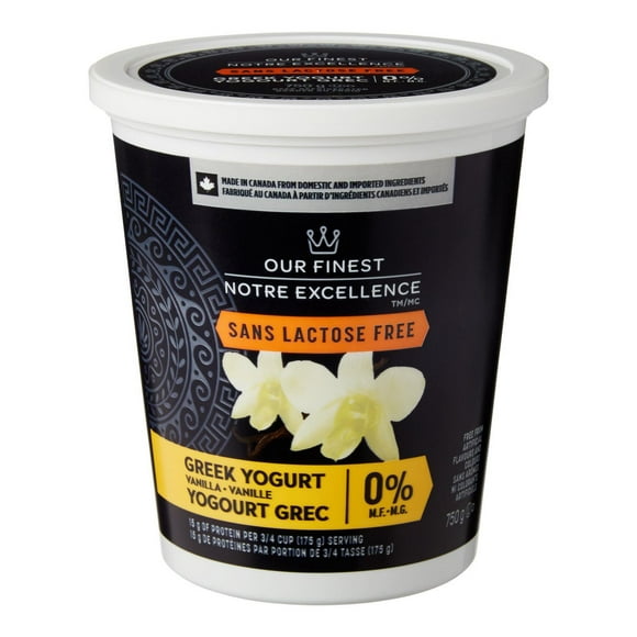 Our FinestTM 0% M.F. Lactose Free Vanilla Greek Yogurt, 750 g