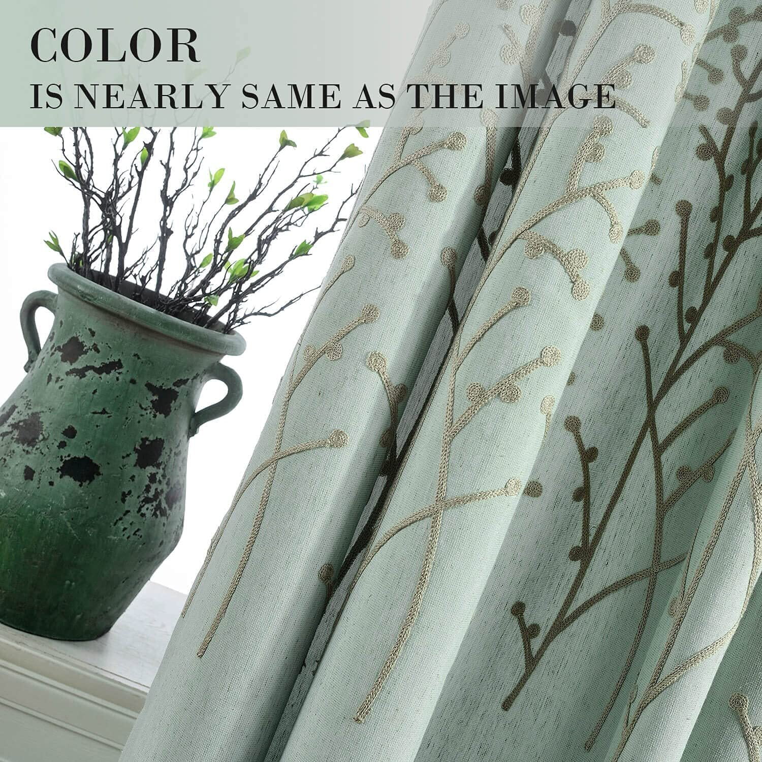 VOGOL Grey Branch Embroidered Faux Linen Grommet Curtains Drapes for Bedroom, Energy Efficient Window Treatment Panels, W52"xL96", 2 Panels