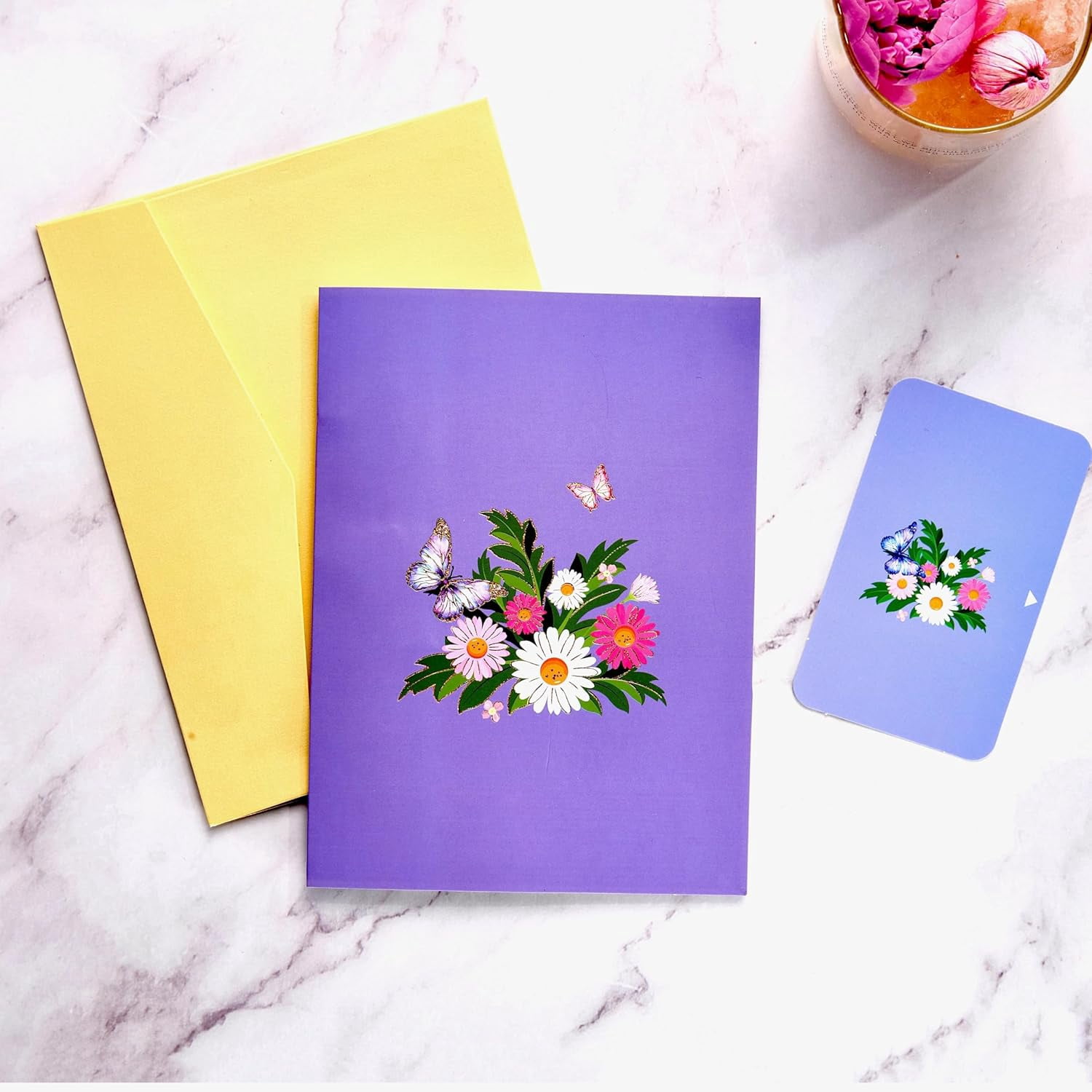 Birthday Card, Voilet Butterfly & Daisies Pop Up Card, 5x7-3D Greeting Card with Note Card & Envelope for Birthday, Thanksgiving, Christmas, Get Well, for Her, Women, Wife, Mom, Grandma