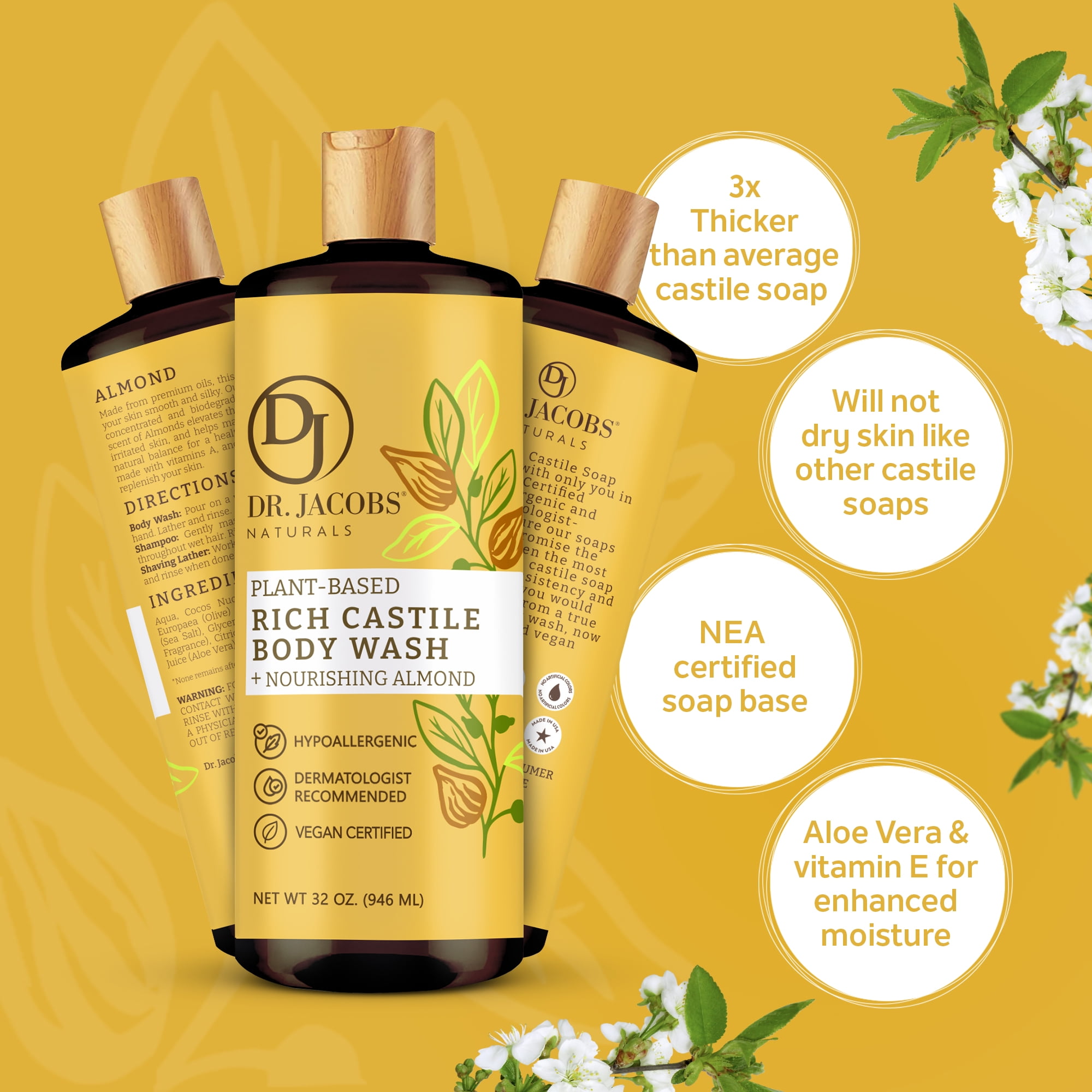 Dr Jacobs Naturals Castile Soap Body Wash Plant Based Liquid Soap, Almond 32 Oz 2-Pack