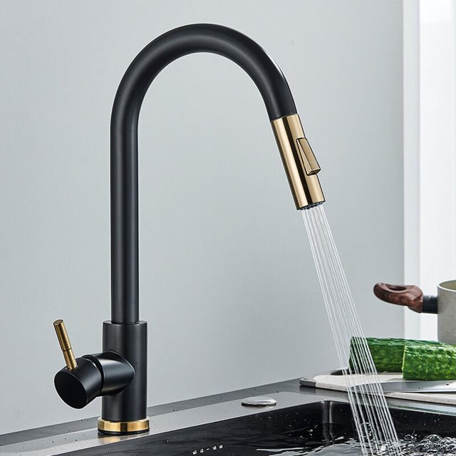 Kitchen Faucet, 360° Rotatable Kitchen Mixer Tap, Black Kitchen Mixer Tap with 2 Modes, High Pressure Kitchen Faucets, Kitchen Mixer Tap with Spray