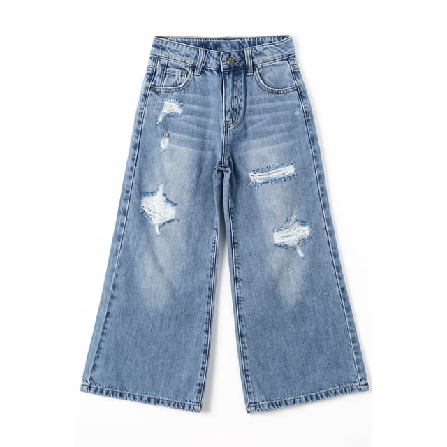 KIDSCOOL SPACE Girls Flare Jeans,Little Big Girl Ripped Wide Leg Soft Denim Pants,5-6 Years
