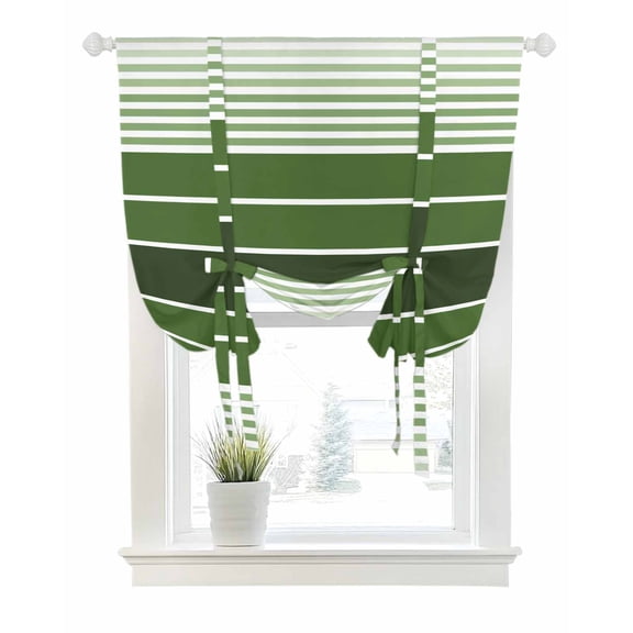 Forest Green Ombre Stripe Tie Up Curtains for Window, Thermal Insulated Balloon Shade Adjustable Rod Pocket Curtains Valance Panels for Kitchen Bathroom Cafe 52 x 45 Farmhouse Striped Gradient