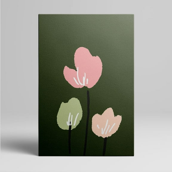1pc Minimalist Floral Canvas Wall Art with Pink and Green Blooms on Dark Green Background, Framed Decor room hanging Wall Picture Decor for Home Gifts, living room, bathroom, bedroom, kitchen wall