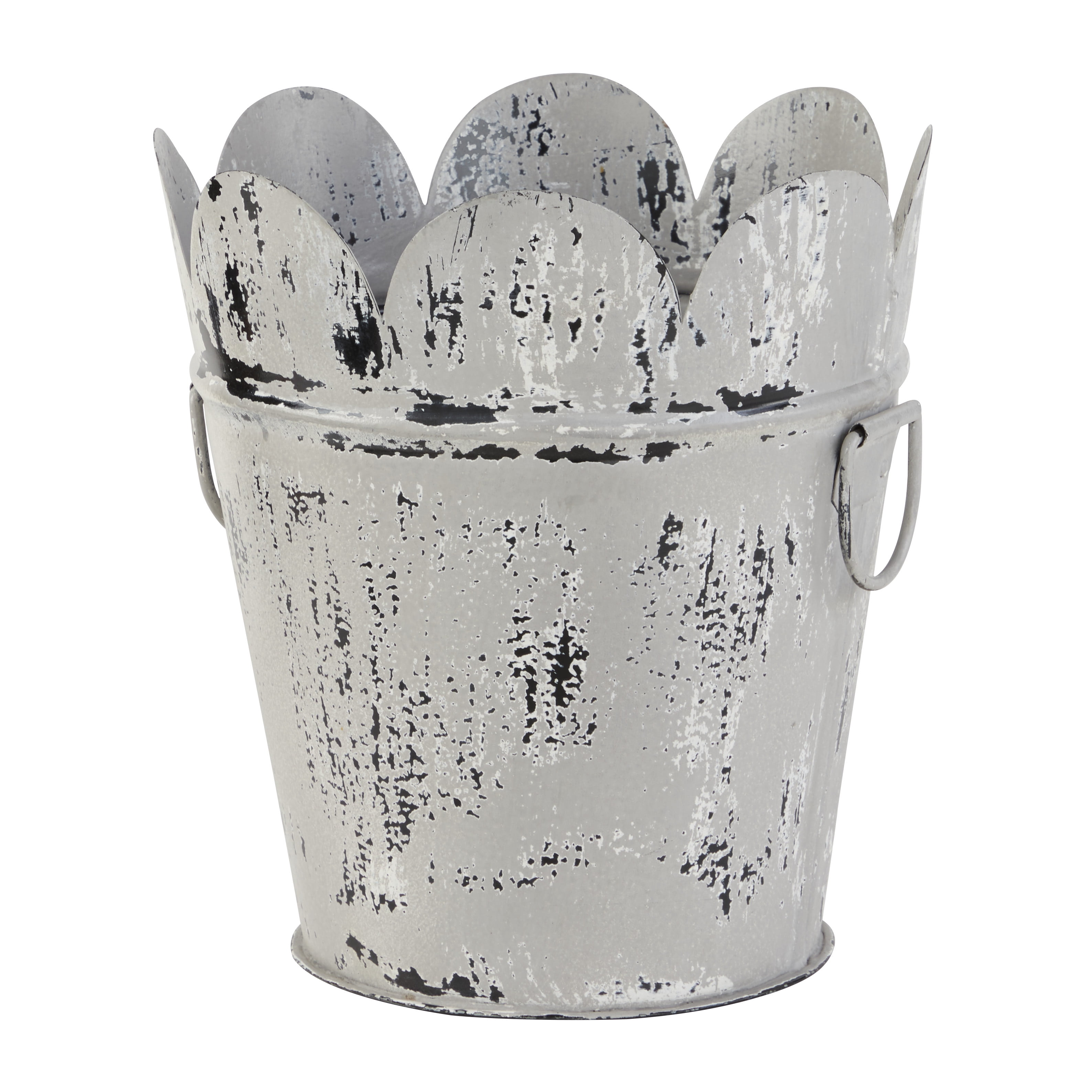 Decmode Farmhouse Style Distressed White Metal Scalloped Bucket Planter with Handles, 11” x 12”