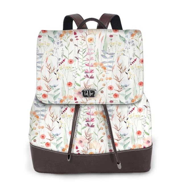 Balery Wildflower Watercolor 4 Mochila de Cuero para Mujeres, Gran Capacidad, Bolsa de Viaje Multifuncional, Mochila de Cuero y Bolsa de Hombro para Mujeres