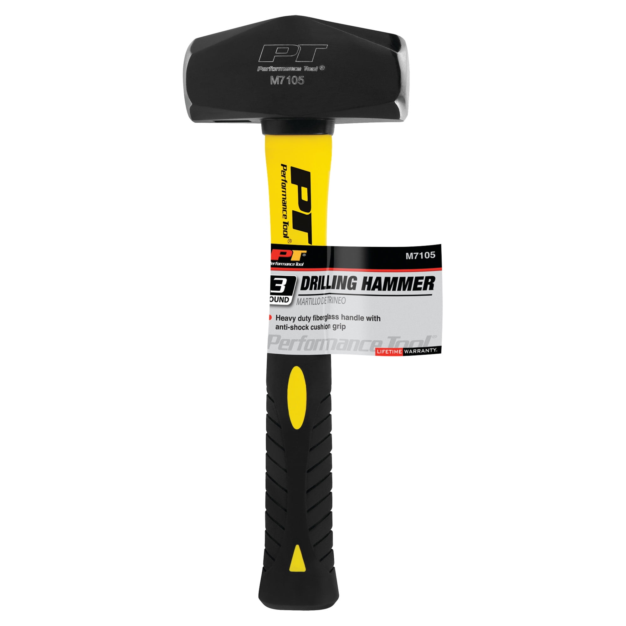 Performance Tool M7105 Heavy Duty Fiberglass Handle Hammer with Anti-Shock Rubber Cushion Grip and Mirror Polished Striking Face, 11-Inch Handle